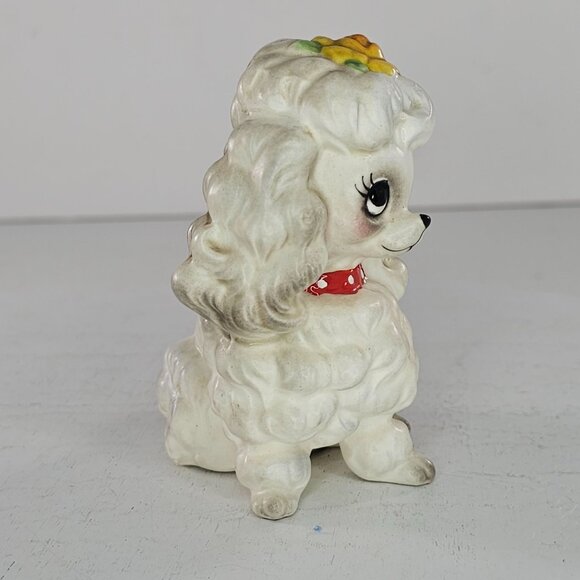 Vintage Josef Originals Ceramic Poodle Figurine Red Collar Yellow Flower - Picture 6 of 8